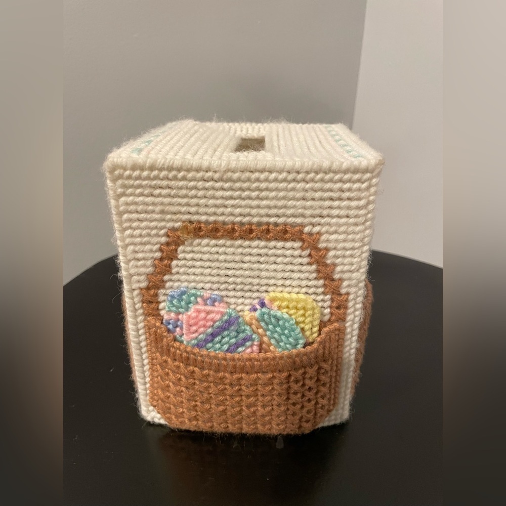 Vintage Crochet Kleenex Box with pastel Easter eggs and basket